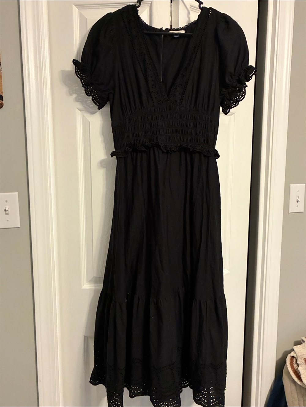 American Eagle Outfitters Black Smocked Midi Dress with Eyelet Trim